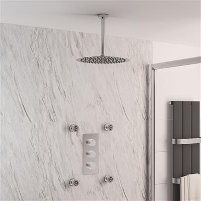 Shower Bundle with Concealed Valve, Round Shower Head, Body Jets & Ceiling Mounted Shower Arm - Chrome